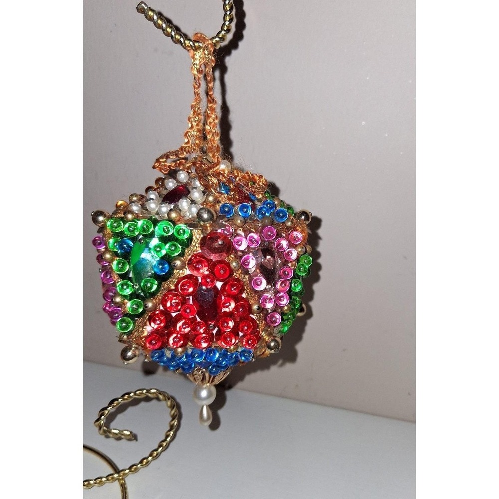 Vintage Beaded Jewel Ornament 4.25" Multicolor Sequin Christmas Decor